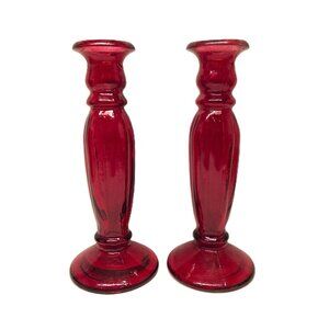 Anchor Hocking Red Glass Candlesticks Lot Set x2 Taper Candle Holder Vase 8.75"